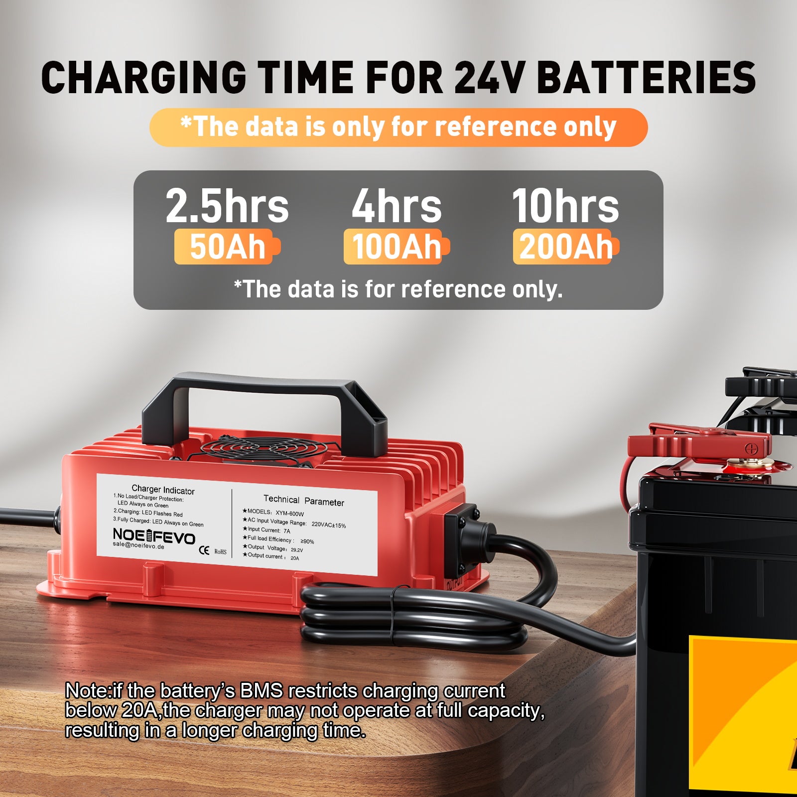 NOEIFEVO 29,2 V 20A LiFePO4 batteria per Caricabatterie impermeabile  per batteria al litio 25,6 V (24 V) 8S, attivazione BMS 0 V, con protezione completa