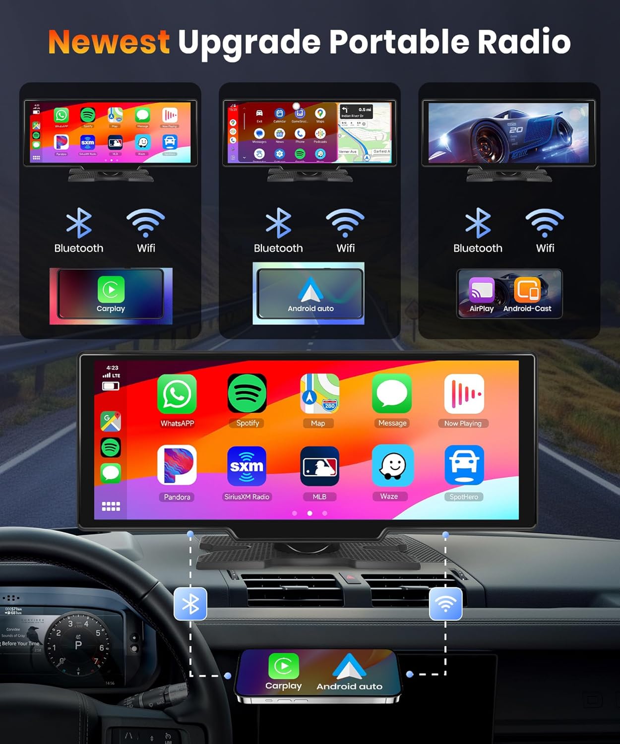 NOEIFEVO 10,26 palcový Carplay displej pre autá s bezdrôtovým Carplay, Android Auto, MirrorLink, 1080P IPS dotykovým displejom, prenosné rádio, podporuje Bluetooth/hands-free hlasové ovládanie/GPS/Siri/FM prenos/Aux/TF karta.