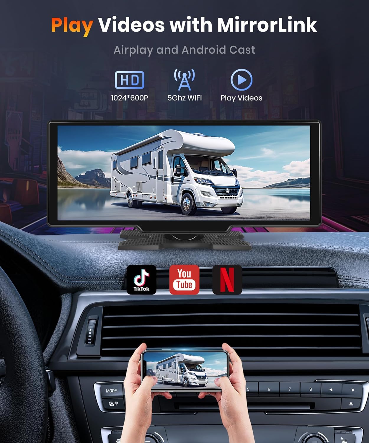 NOEIFEVO 10,26 palcový Carplay displej pre autá s bezdrôtovým Carplay, Android Auto, MirrorLink, 1080P IPS dotykovým displejom, prenosné rádio, podporuje Bluetooth/hands-free hlasové ovládanie/GPS/Siri/FM prenos/Aux/TF karta.