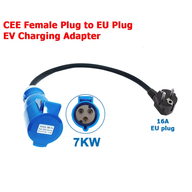 EV nabíjací adaptér, CEE 32A modrá zásuvka na Schuko domáci konektor, pre 7kW 32A EV nabíjače