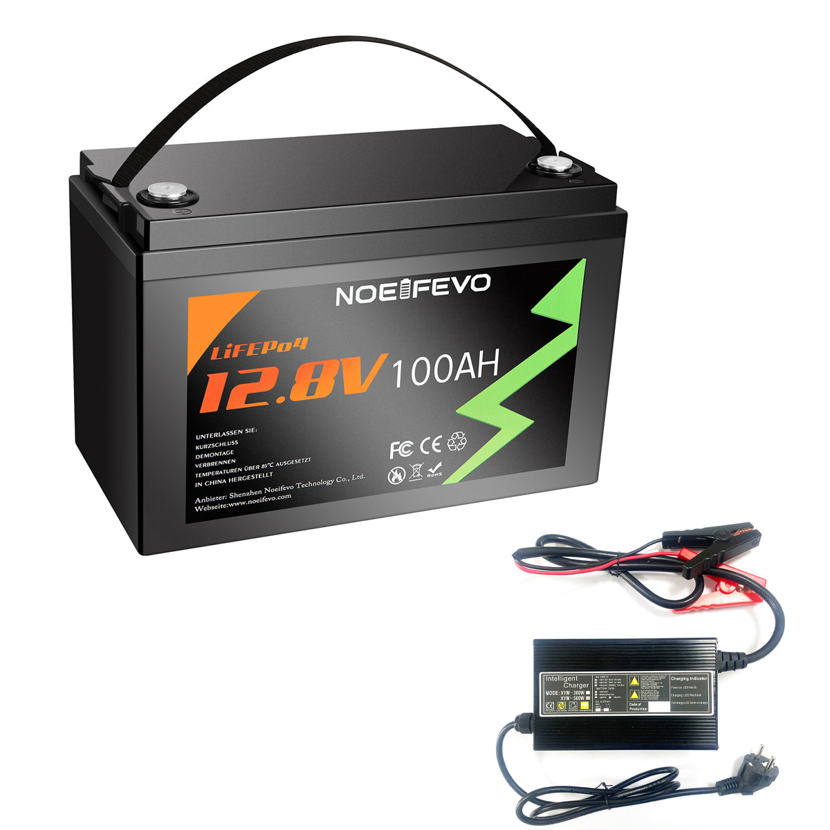 NOEIFEVO 12.8V 100Ah LiFePO4 Lithium Batterie, 1280Wh Lithium Batterie mit 100A BMS, 4000+ Ladezyklen, mit 14.6V 20A Ladegerät, perfekt als Stromquelle für Wohnmobil, Boot.