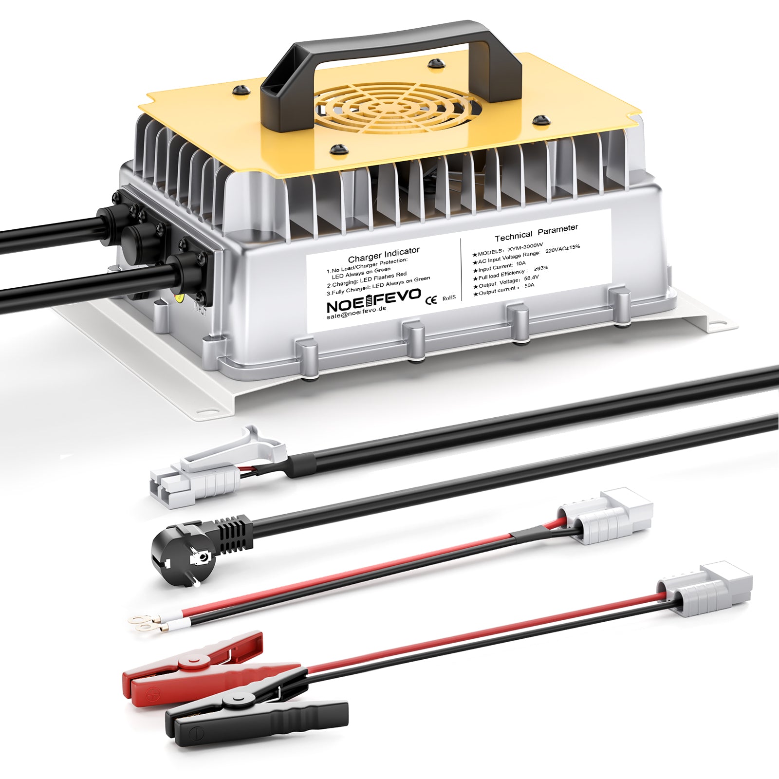 NOEIFEVO 58,4V 50A LiFePO4 nabíječka baterií pro 51,2V (48V) 16S LiFePO4 baterii, vodotěsná, 0V BMS aktivováno