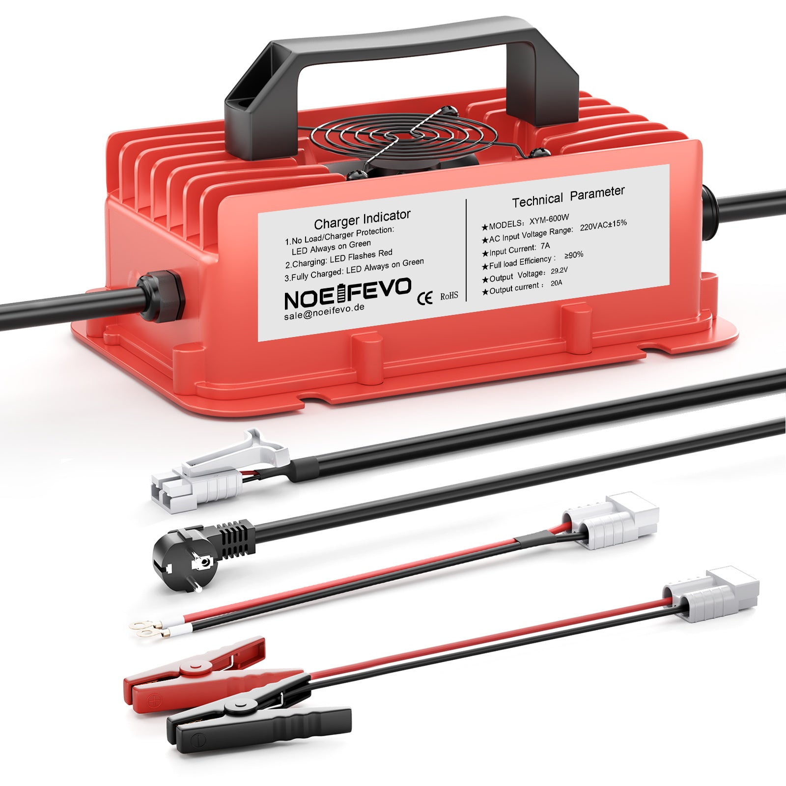 NOEIFEVO 29,2 V 20A LiFePO4 batteria per Caricabatterie impermeabile  per batteria al litio 25,6 V (24 V) 8S, attivazione BMS 0 V, con protezione completa