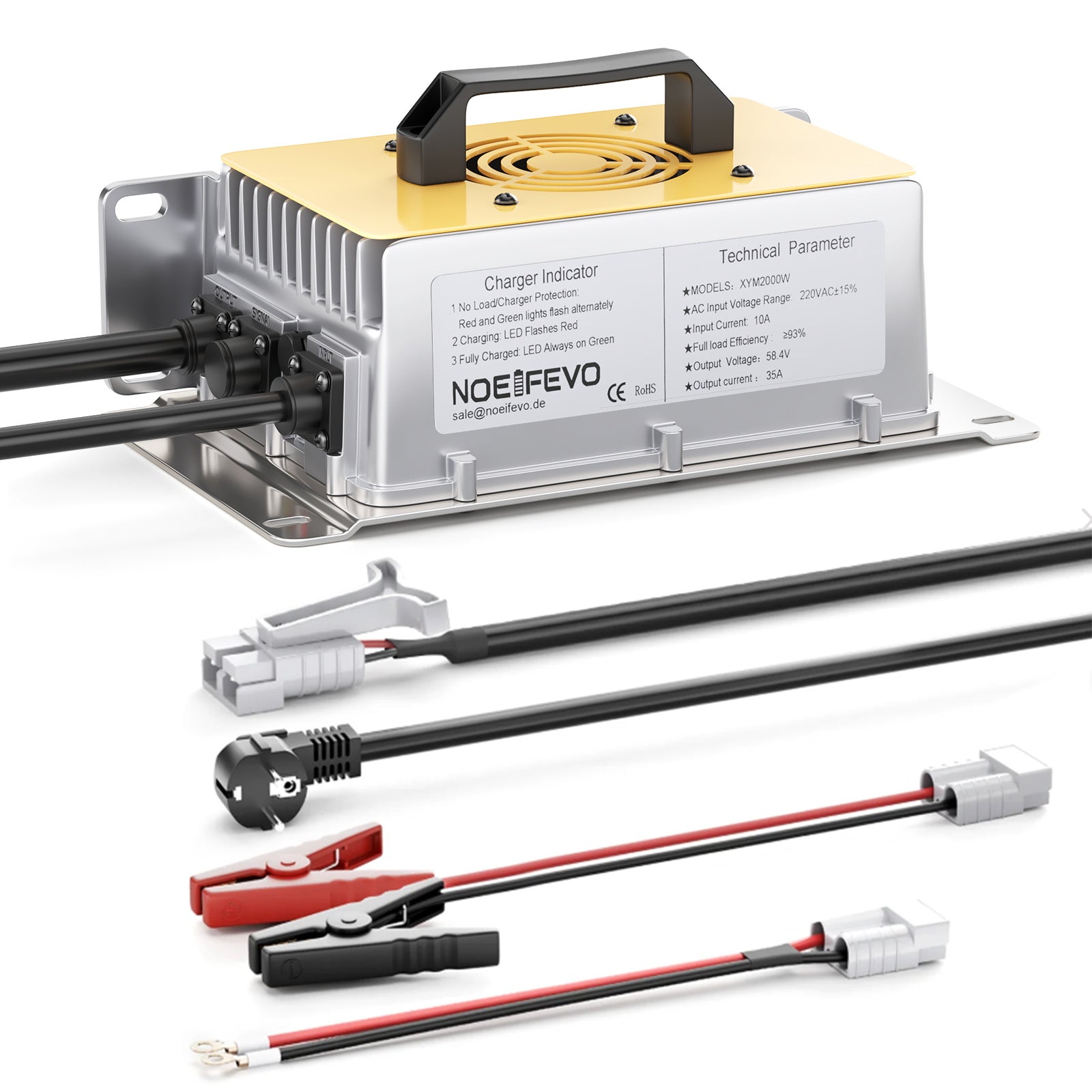 NOEIFEVO 58.4V 30A LiFePO4 Cargador de batería para 51.2V(48V) 16S LiFePO4 Batería, Impermeable, 0V BMS Habilitado