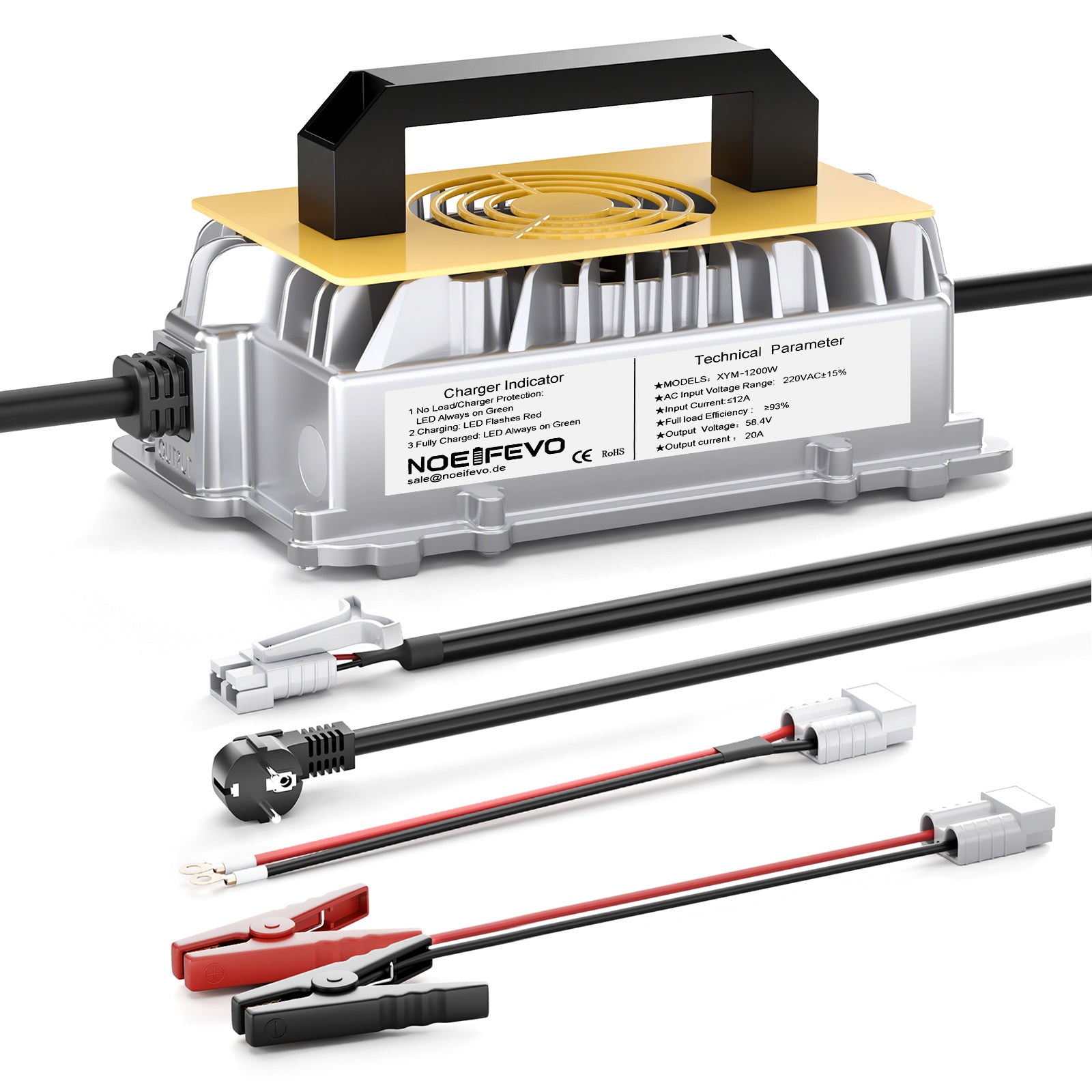 NOEIFEVO 58.4V 20A Lithium Lifepo4 batterioplader til 48V (51.2V)16S batteri, vandtæt, 0 V BMS aktivering, automatisk nedlukning med fuld beskyttelse