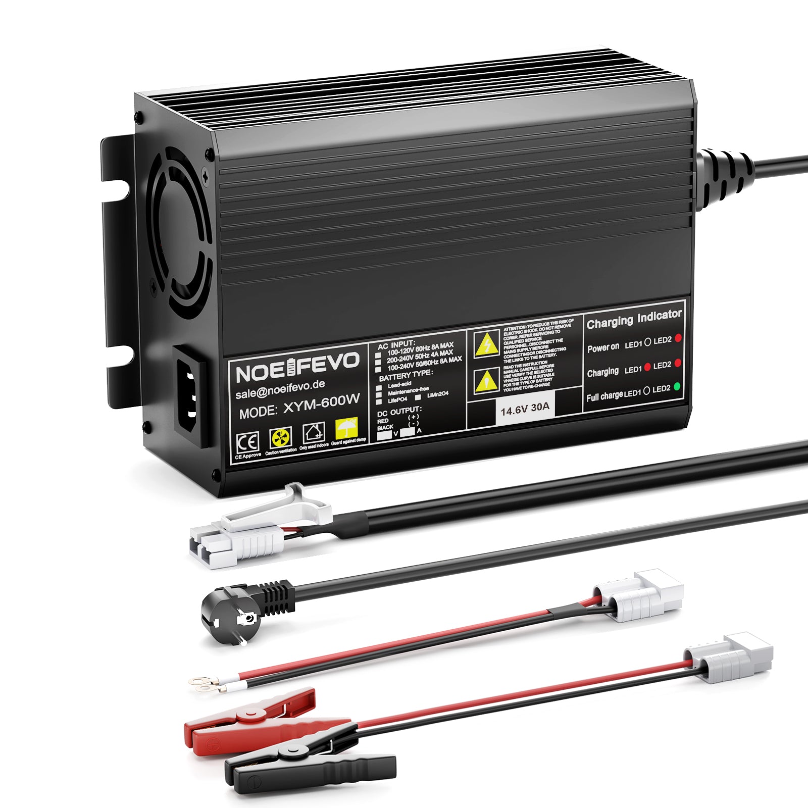 Noeifevo 12V 12,8V 30A Lithium LiFePO4 batteriladdare, laddningsspänning 14,6V, 0V BMS aktivering, automatisk avstängning, aluminiumhus