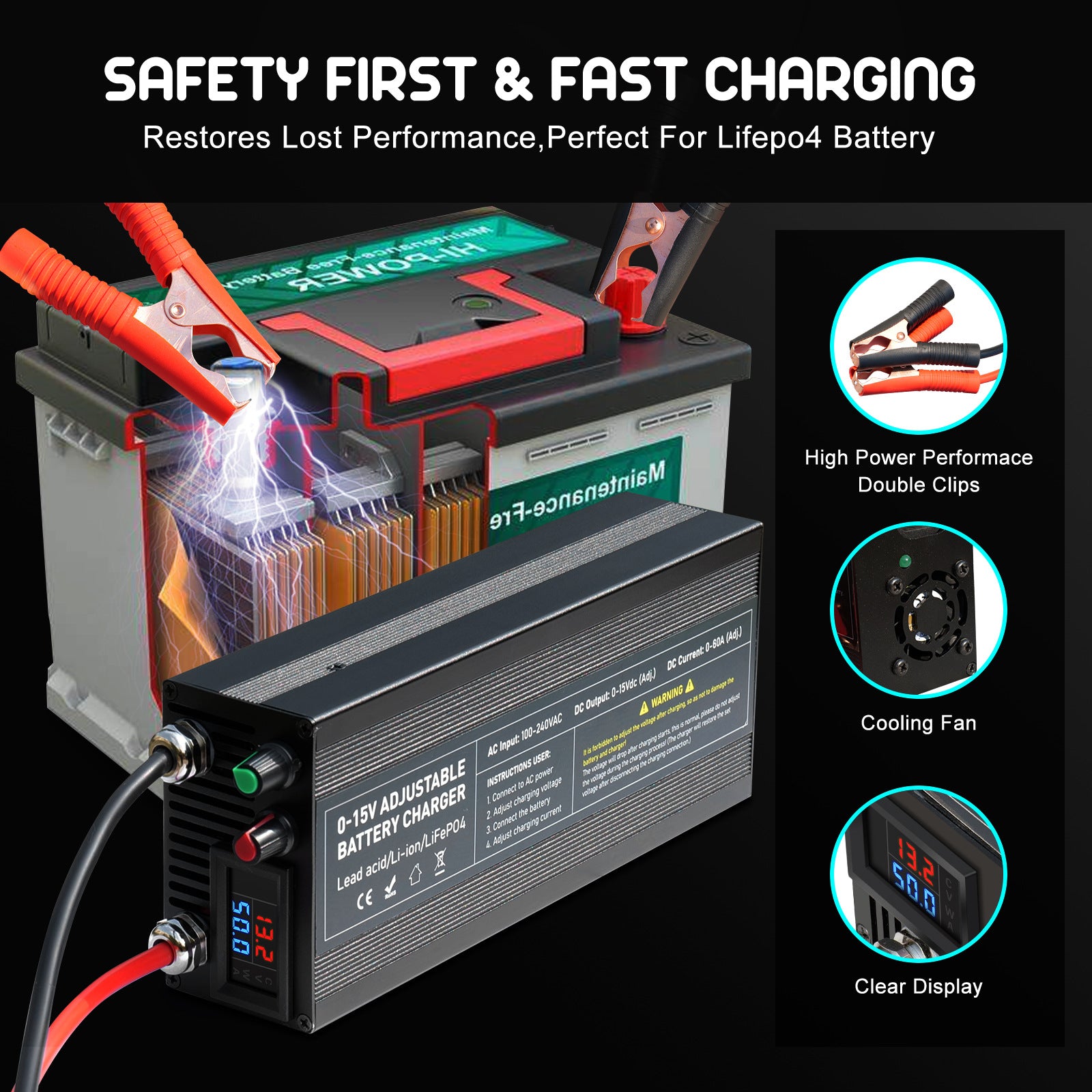 NOEIFEVO Einstellbarer Spannungs und Strombereich 0-15V 1-60A /85A Batterieladegerät , Kompatibel mit 3.7V 6V 12V Lithium, LiFePO4 und Blei-Säure-Batterien