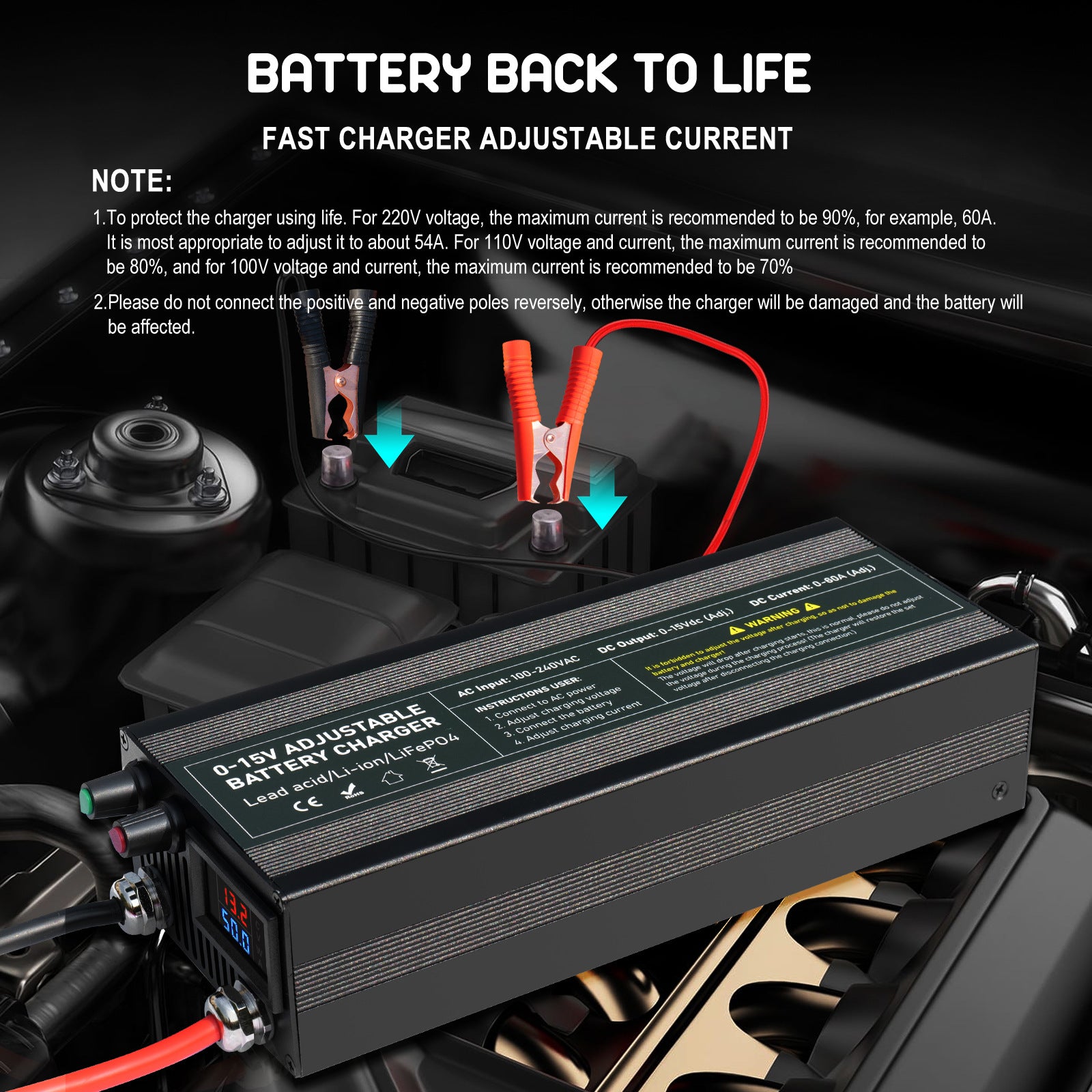 NOEIFEVO Justerbar spænding og strømområde 0-15V 1-60A /85A batterioplader, Kompatibel med 3,7V 6V 12V lithium, LiFePO4 og bly-syre batterier