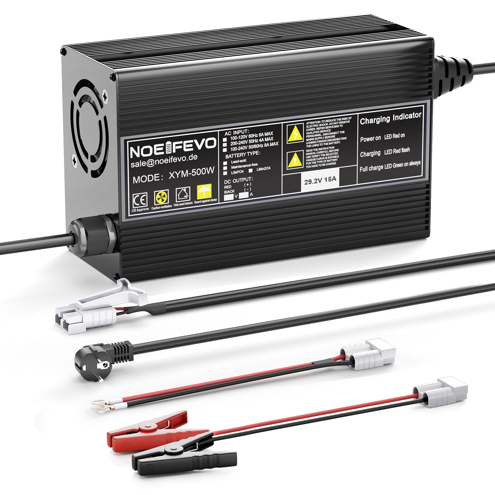 Noeifevo 29,2V 15A LiFePO4 batteriladdare för 24V 25,6V litiumbatteri, 0V BMS-aktivering, automatisk avstängning med fullt skydd
