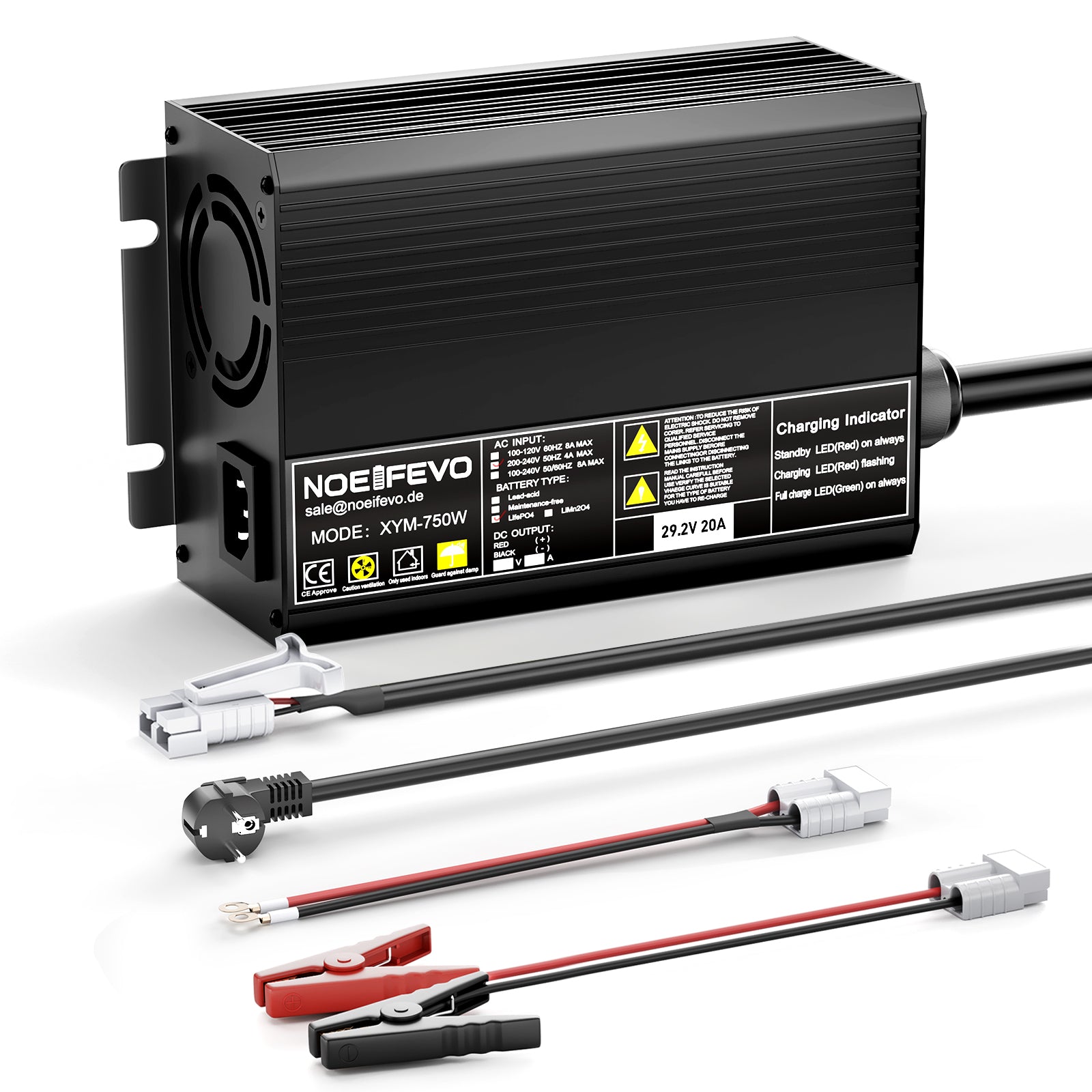 Noeifevo 29,2 V 20A LiFePO4 bateria de Carregador para bateria de lítio 24 V 25,6 V, ativação de 0 V BMS, desligamento automático com proteção total