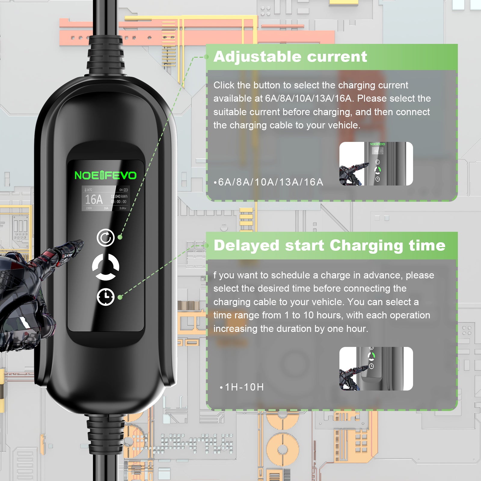 10Meters 11KW Tyyppi 2 16A 3-vaiheinen mobiili EV-latausasema EV Wallbox, CEE 16A -pistoke, Schuko-pistoke tien päälle