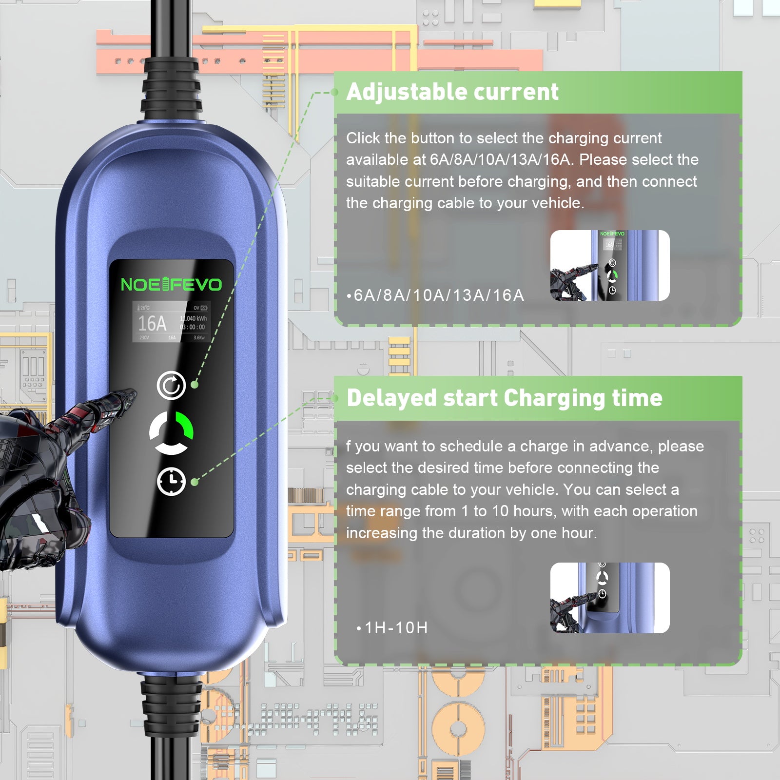 Noeifevo 11KW Mobilní EV Wallbox, nabíječka autobaterií pro všechna vozidla typu 2, 5M/10M/15M, CEE16A