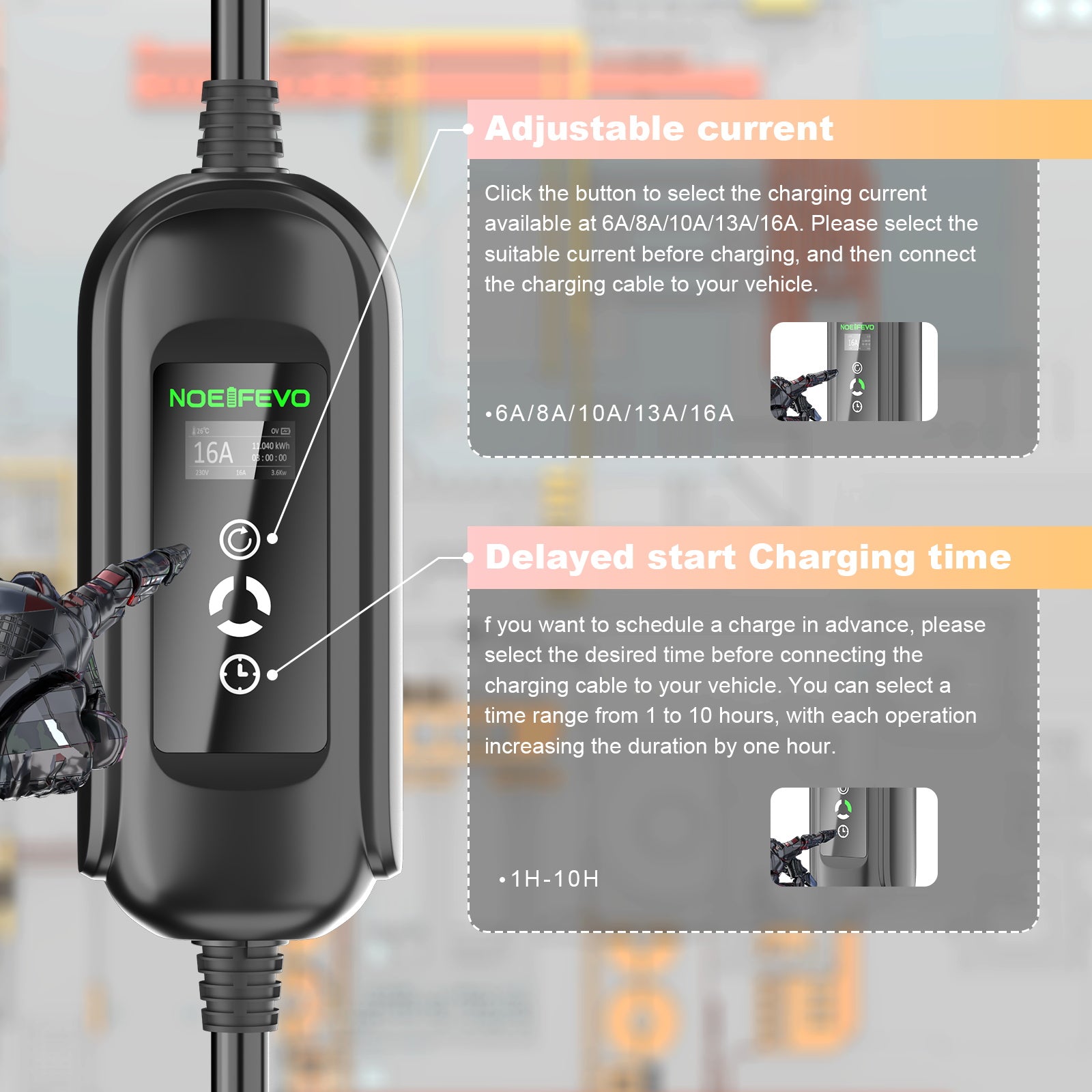 Noeifevo 11KW Cargador de batería de coche, Tipo2 a CEE16A EV cargador con adaptador doméstico , 5m/10/15m