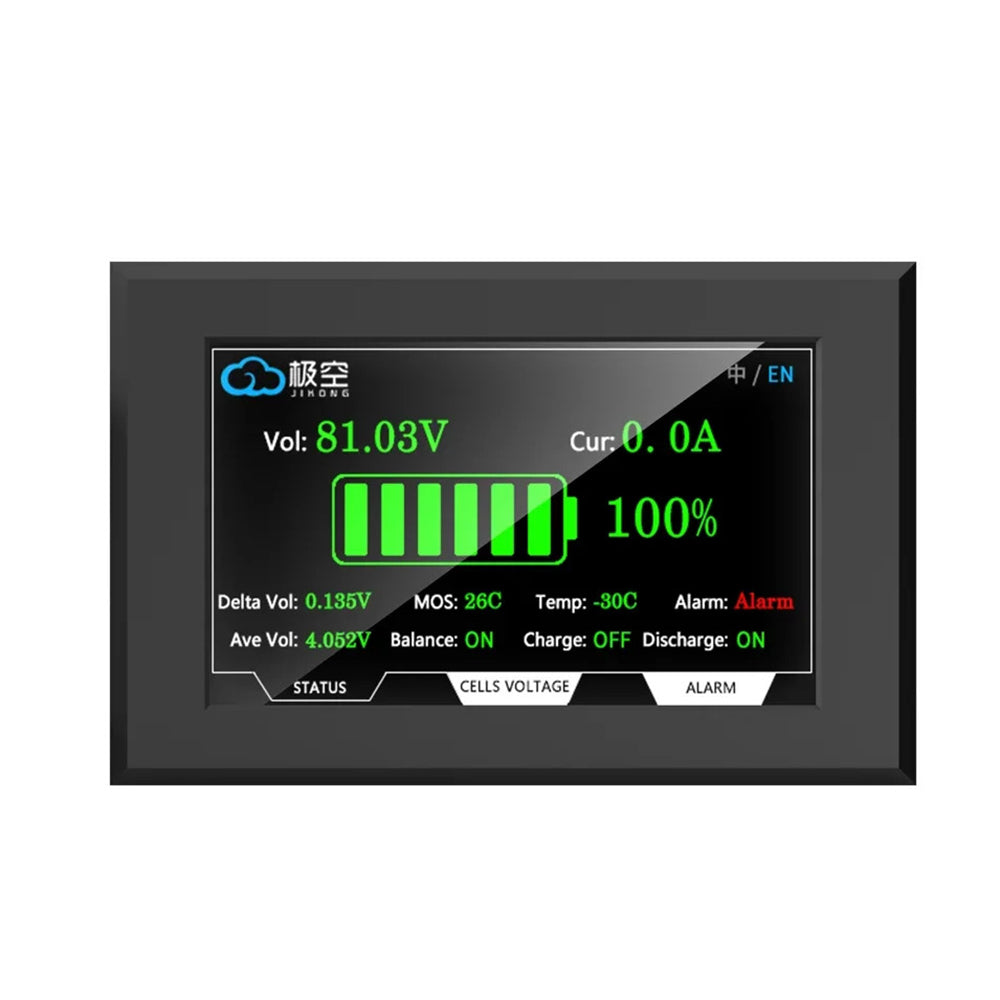 Displej batérie s 4,3-palcovým LCD TFT displejom – Zobrazenie napätia, prúdu, stavu nabitia (SOC) a teploty, dotyková obrazovka – Pre Jikong BMS (88,5 × 135,9 mm)