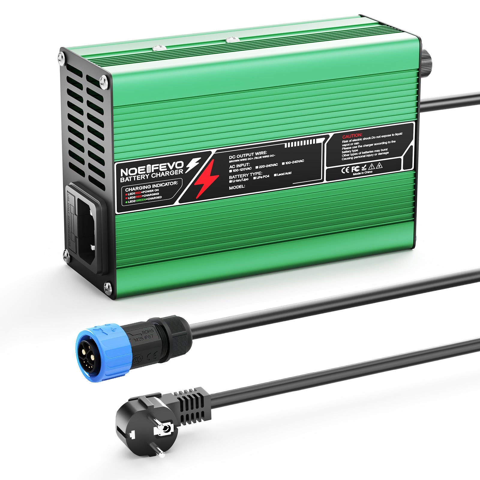 NOEIFEVO 50.4V 2A 2.5A 3A Lithium-Lader voor 12S 44.4V Li-Ion Lipo-batterijen, koelventilator, automatische uitschakeling (GREEN)