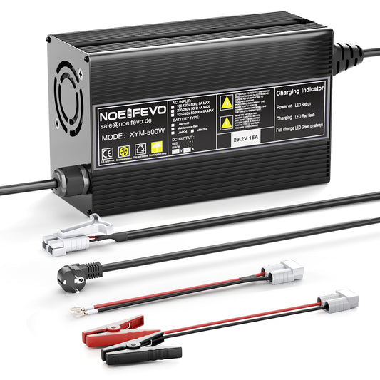 Noeifevo 29,2V 20A LiFePO4 batteriladdare för 24V 25,6V litiumbatteri, 0V BMS aktivera, automatisk avstängning med fullt skydd