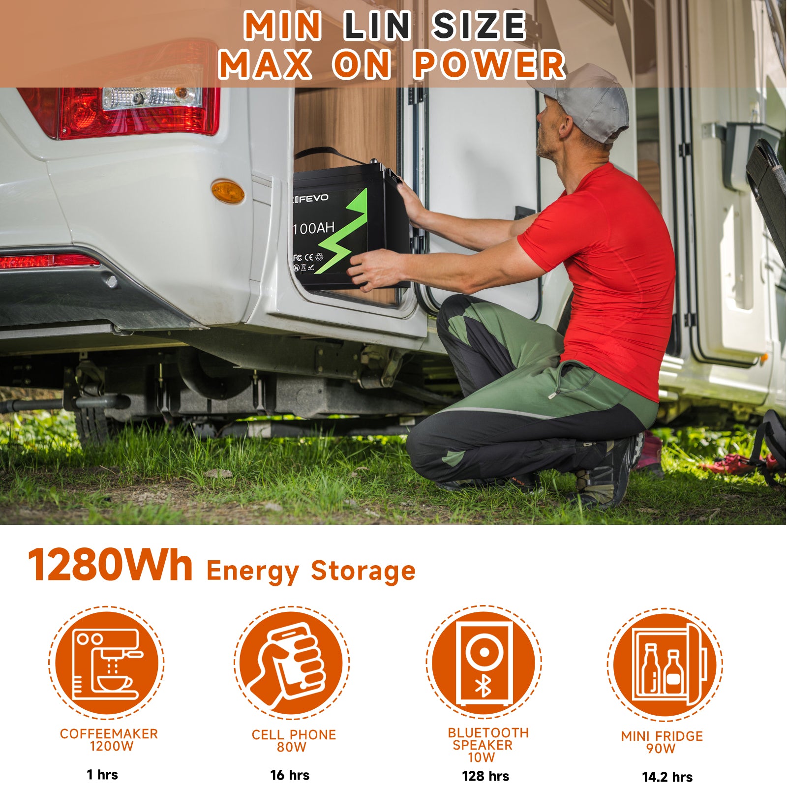 NOEIFEVO 12,8V 100Ah LiFePO4 Lithium Batterij, volledig opgeladen in 2 uur met 14,6V 50A lader, 4000+ laadcycli, perfect als energiebron voor camper, boot.