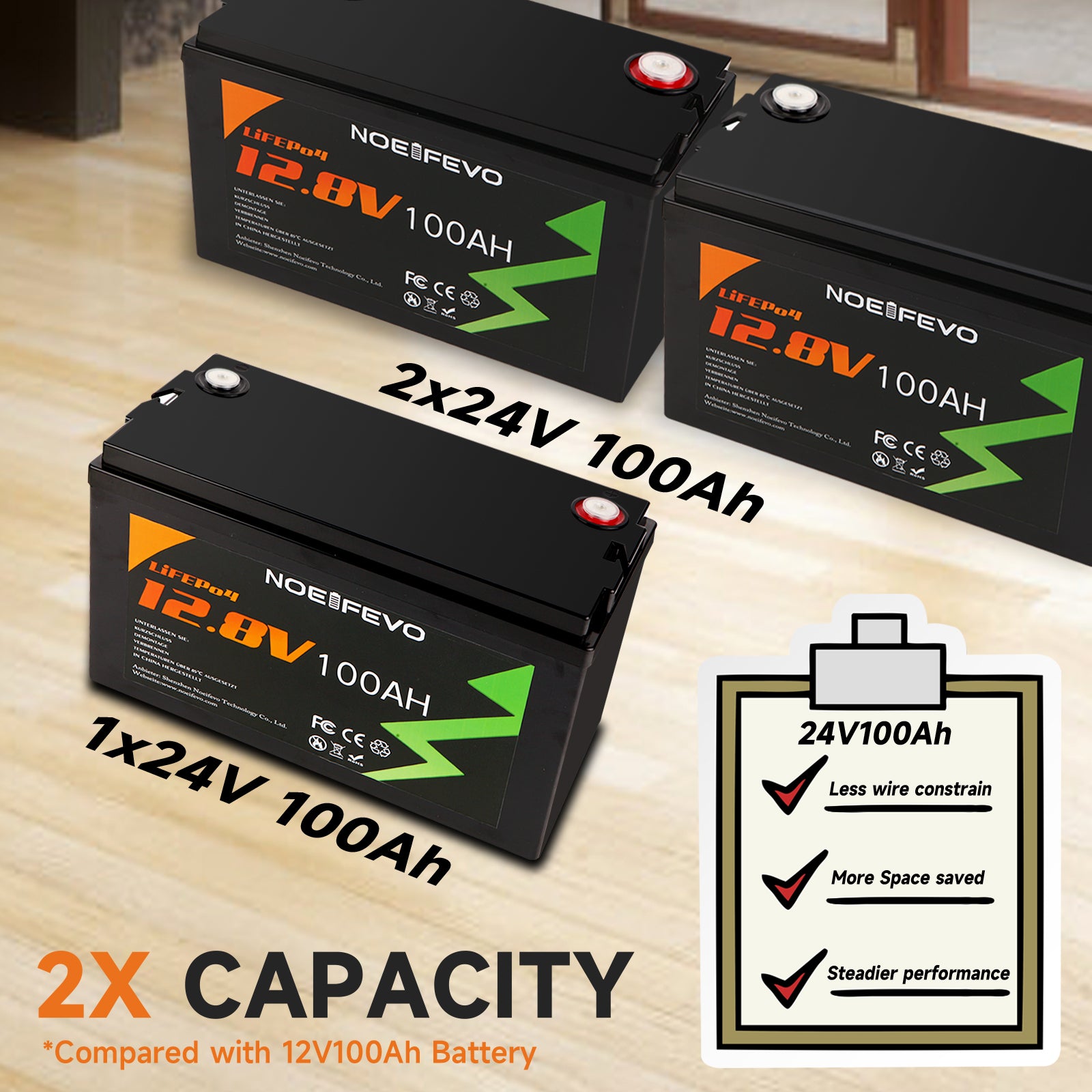 NOEIFEVO 12.8V 100Ah LiFePO4 Lithium Battery, Fully charged in 2 hours with 14.6V 50A charger, 4000+ charge cycles, , perfect as power source for motorhome, boat.