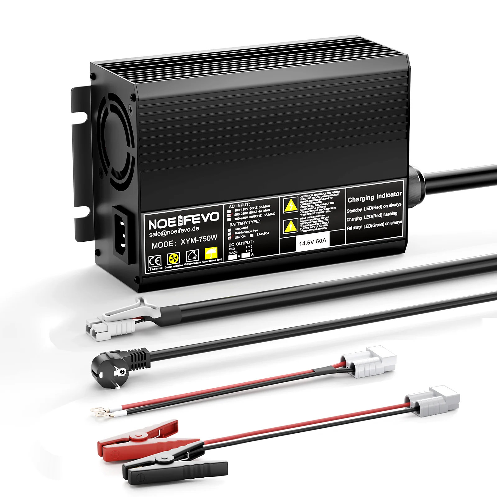 Noeifevo 14,6V 50A Snabb Lithium LiFePO4 batteriladdare för 12V(12,8V) LiFePO4 batteri, 0V BMS aktivera, automatisk avstängning med fullt skydd