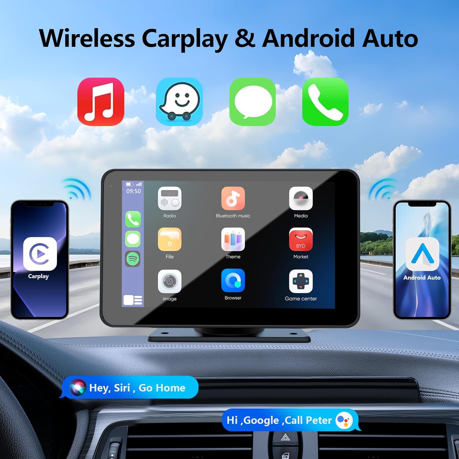 CarPlay inalámbrico para vehículos, pantalla táctil portátil de 7" HD con Apple CarPlay, Android Auto, cámara de reversa, receptor de audio para auto con control por voz, Mirror Link, Bluetooth, navegación GPS