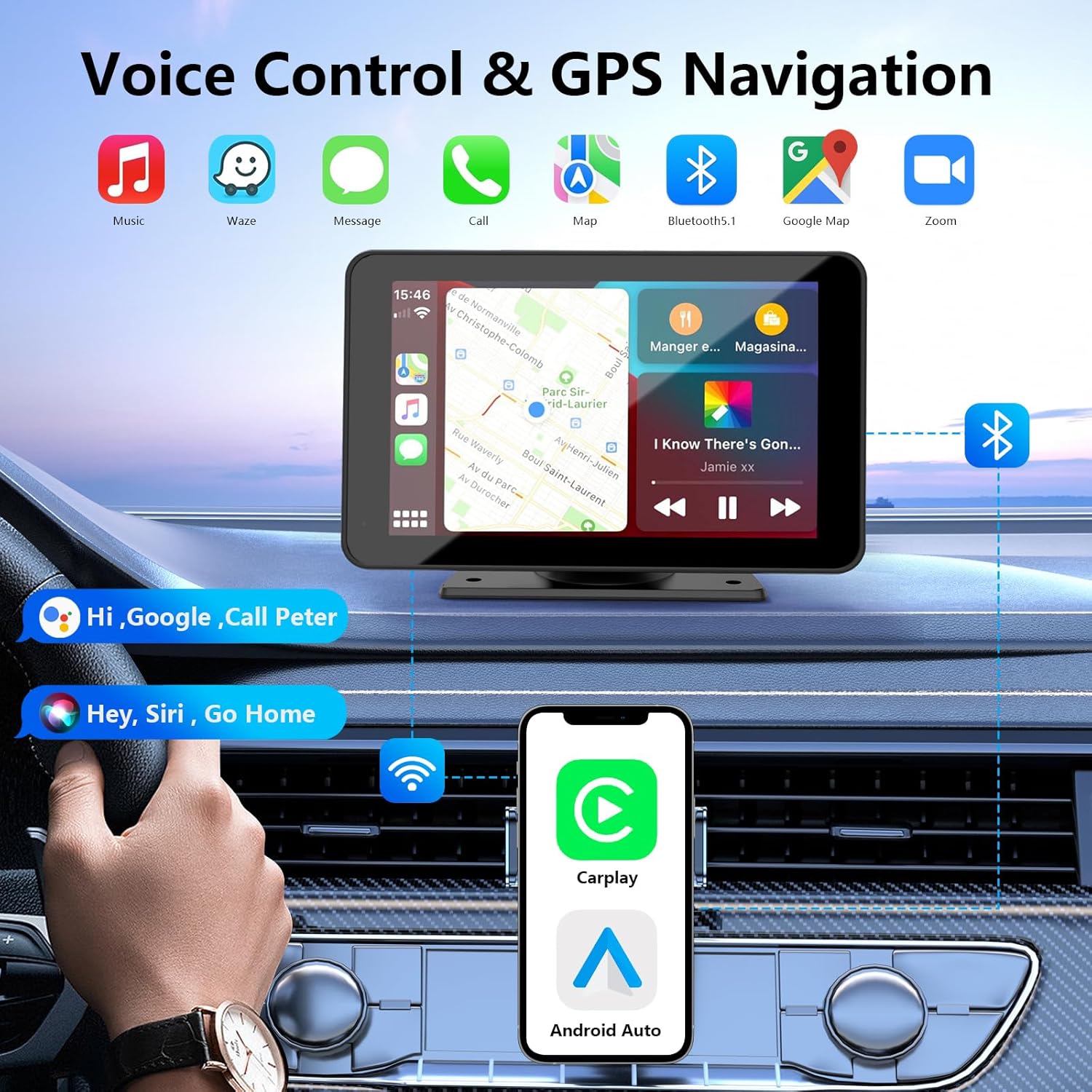 Kabelloses CarPlay für Fahrzeuge, 7" HD Tragbares Auto-Stereo-Touchscreen mit Apple CarPlay, Android Auto, Rückfahrkamera, Auto-Audio-Empfänger mit Sprachsteuerung, Mirror Link, Bluetooth, GPS-Navigation