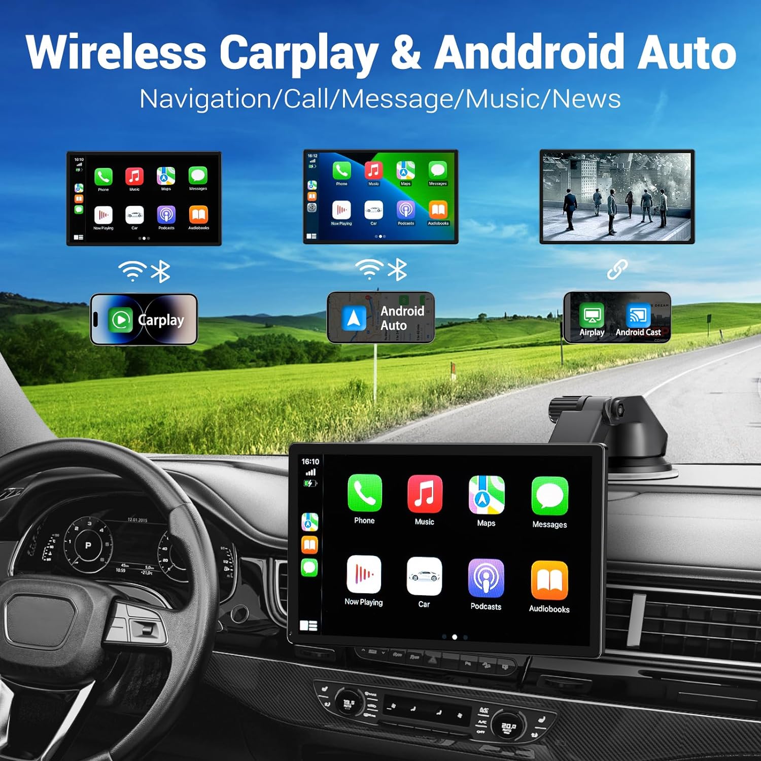 NOEIFEVO Trådlös Carplay-skärm för bilar med 4K Dashcam, 9" bärbar Apple Carplay & Android Auto bilradio, med 1080p backkamera, GPS-navigation/Mirror Link/ röstavkodning/Bluetooth.