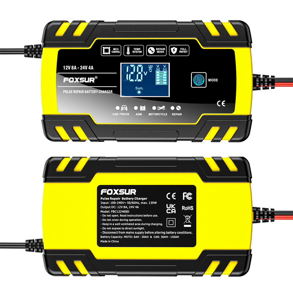 12V 8A / 24V 4A bilbatteriladdare, pulsladdare för reparation för alla 12V och 24V blysyra-, AGM-, GEL- och djupcykliska batterier