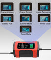 12V 6A Bil-Motorcykel Batterioplader, Intelligent Multifunktionel Reparation Batterioplader med Temperaturdetektion til Bly-Syre AGM Gel Dybcyklus Batterier.