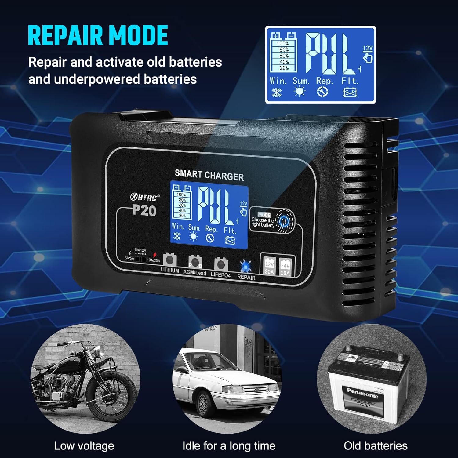 Caricabatteria per auto NOEIFEVO 20A, caricabatteria per auto 12V/24V, caricabatteria per auto, caricabatterie di mantenimento e desolfatore per moto, tosaerba, barca, litio, LiFePO4, acido di piombo (AGM, gel, ecc.)