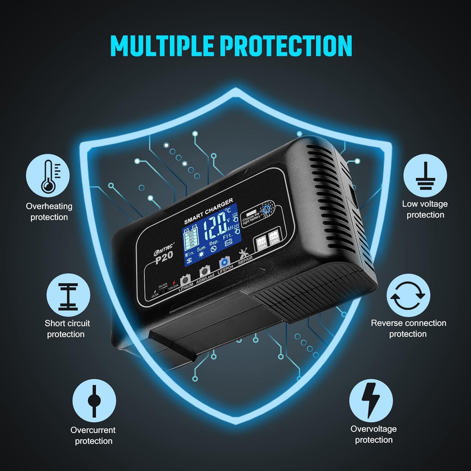 NOEIFEVO 20A bilbatteriladdare, 12V/24V bilbatteriladdare, bilbatteriladdare, underhållsladdare och desulfatator för motorcykel, gräsklippare, båt, litium, LiFePO4, blysyra (AGM, gel, etc.)