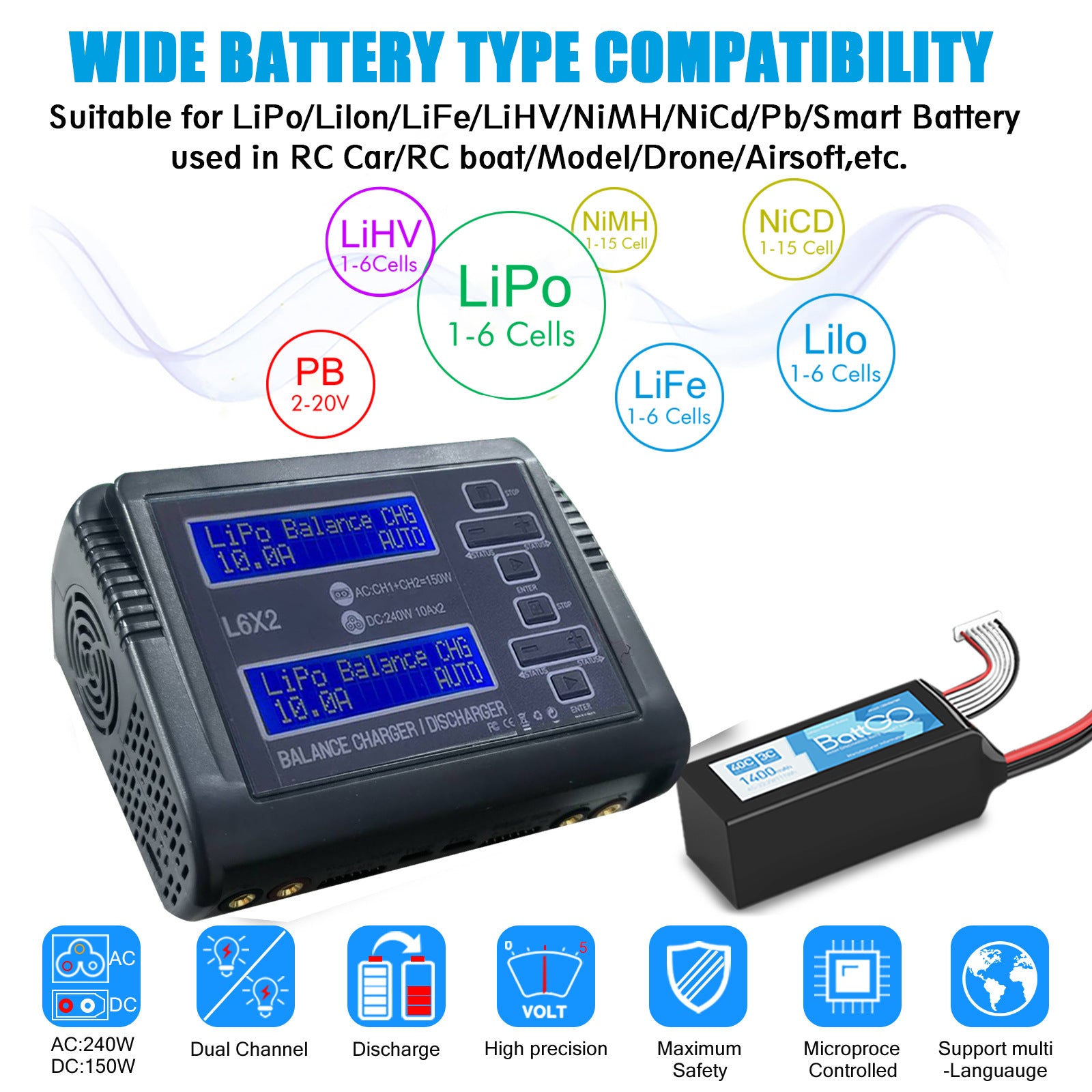 NOEIFEVO L6X2 Caricabatterie e scaricatore intelligente a due canali per batterie RC NiMH, NiCd, LiHV, Li-ion, Lipo, PB