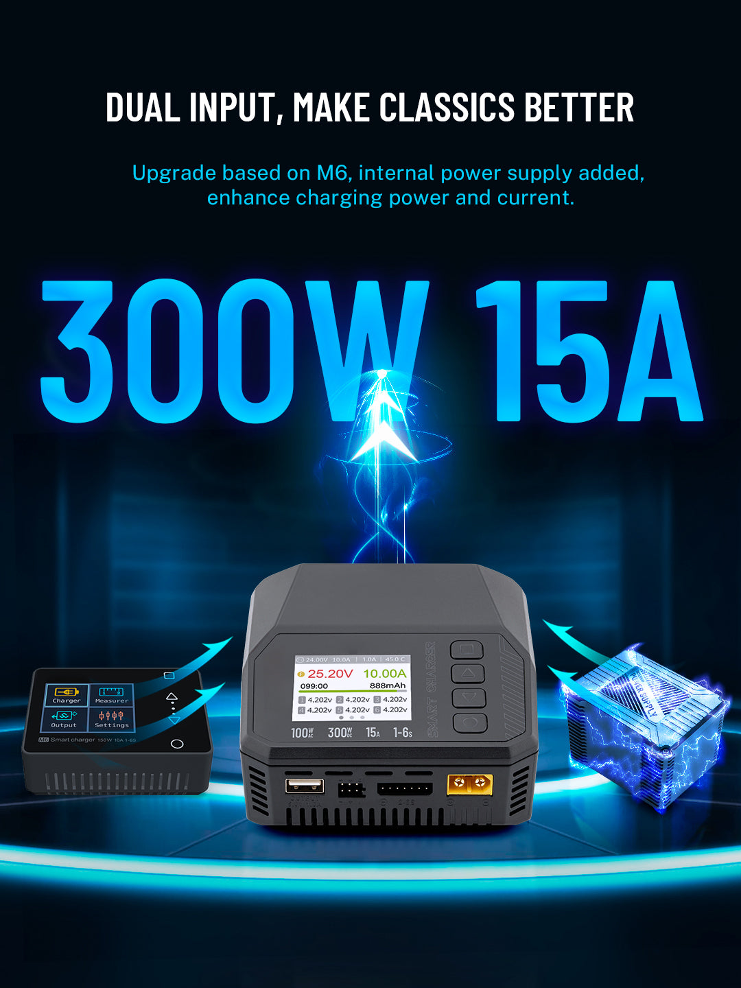 M6AC Cargador Inteligente de Doble Canal, 100W AC/300W DC, Cargador de Balance de 15A para Baterías LiPo, LiHV, LiFe, Lion, NiMh, Pb, con Pantalla IPS LCD de 2,0