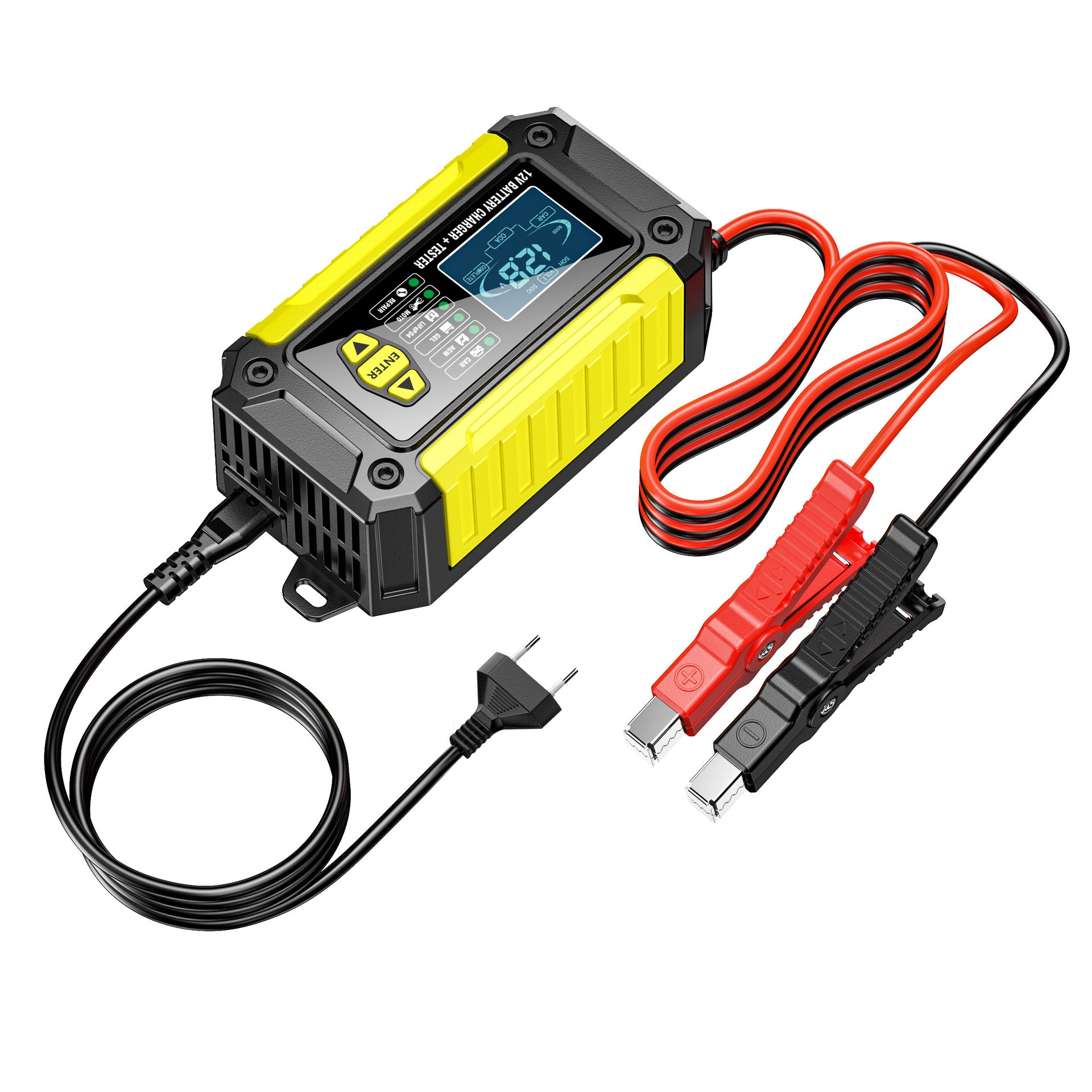 2-in-1-Autobatterieladegerät und -tester, 12V-Blei-Säure-AGM-LiFePO4-Batterieladegerät, Fahrzeugladegerät, intelligenter Batterietester für Autos, LKWs, Motorräder, Rasenmäher