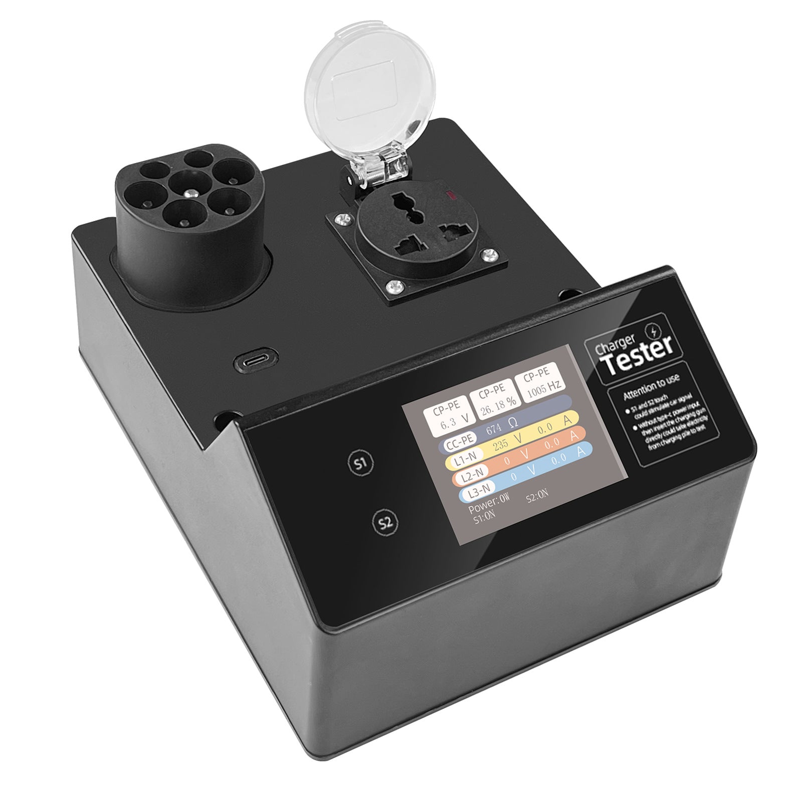 Typ-2 EV-laddstationstestare med LED-indikator – 32A korttidsbelastning, S1/S2 fordonssignalsimulering, IP54, för EU-standard laddpunkter