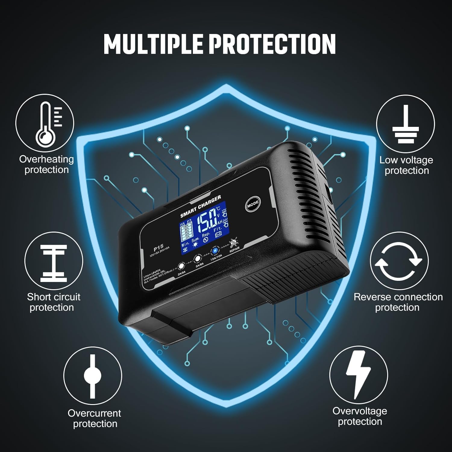 NOEIFEVO 12V 15A e 24V 10A Caricabatterie , Caricabatterie Intelligente per Batterie al Litio LiFePO4 AGM e Piombo-Acido, adatto per Auto, Moto, Tosaerba e Barca.