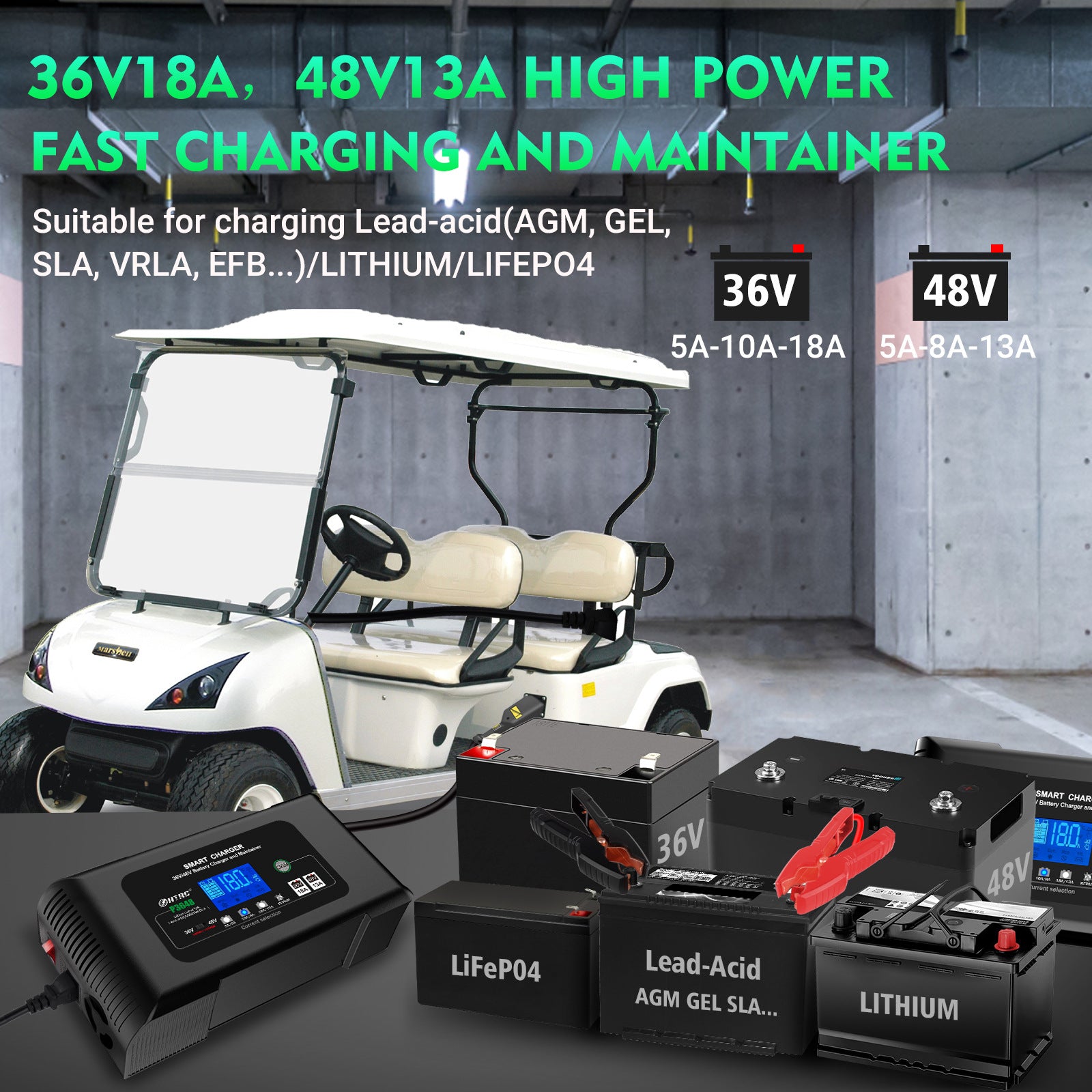 NOEIFEVO Caricabatterie per Carrello da Golf 36V18A 48V13A per EZ-GO RXV TXT Club Car Yamaha per Batterie al Litio-LiFePO4- Piombo-Acido