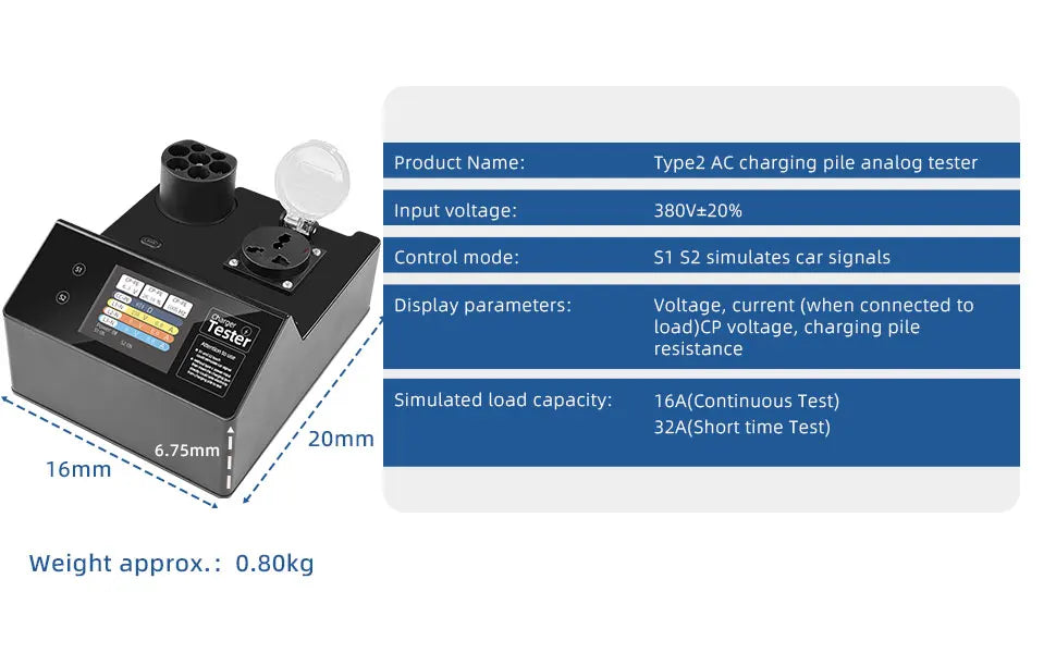 Typ-2 EV-laddstationstestare med LED-indikator – 32A korttidsbelastning, S1/S2 fordonssignalsimulering, IP54, för EU-standard laddpunkter