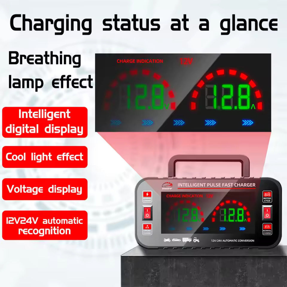 12 10A / 24V 5A Fuldautomatisk bilbatterioplader Intelligent pulsreparation bilbatterioplader Motorcykelbatterioplader