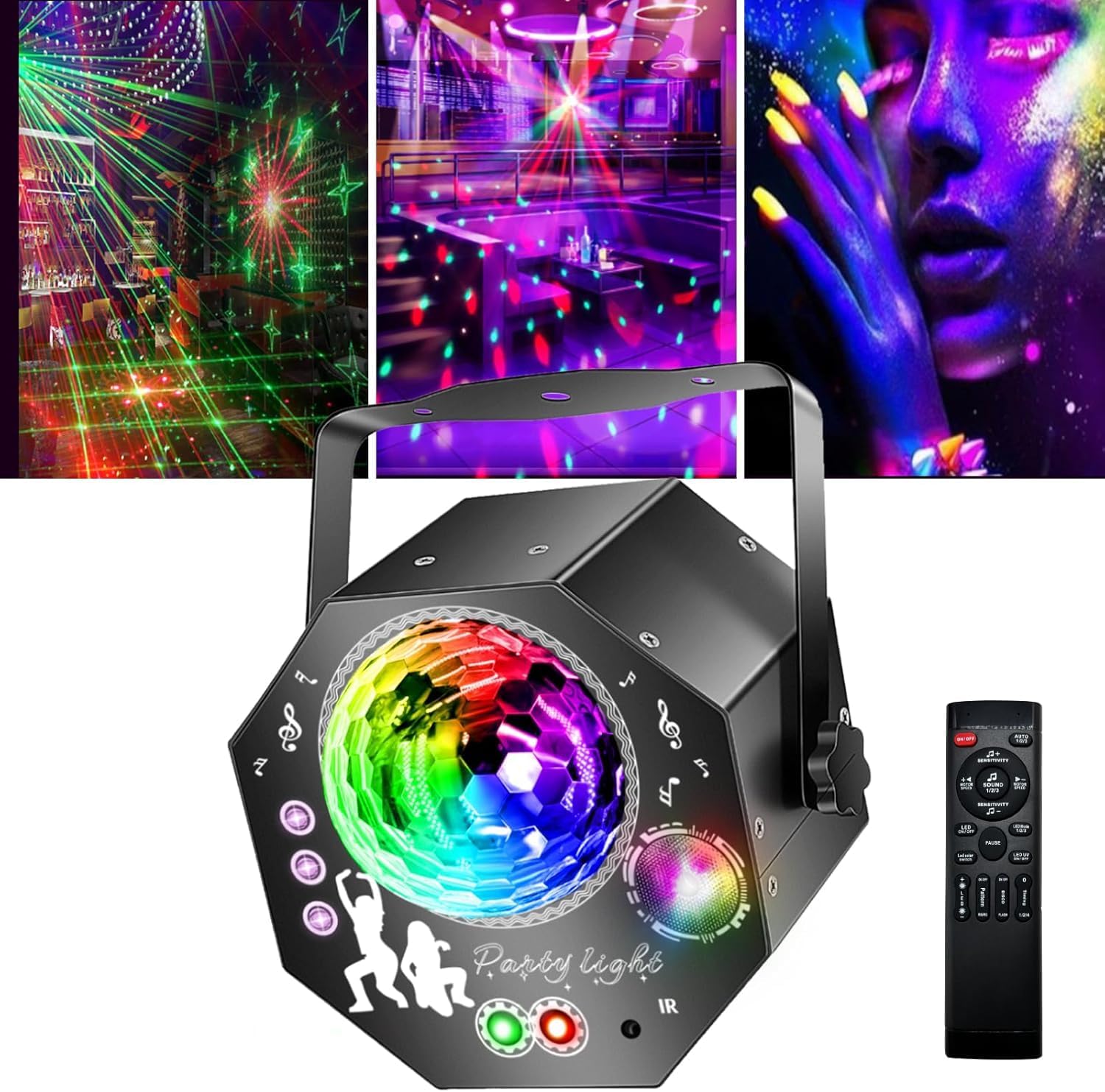 4-in-1-diskopallo – juhlavalaisin 64 kuviolla, musiikkiohjattu diskolamppu kaukosäätimellä, RGB-UV-strobovalo kotiin, baariin, klubille, ulos ja syntymäpäiväjuhliin