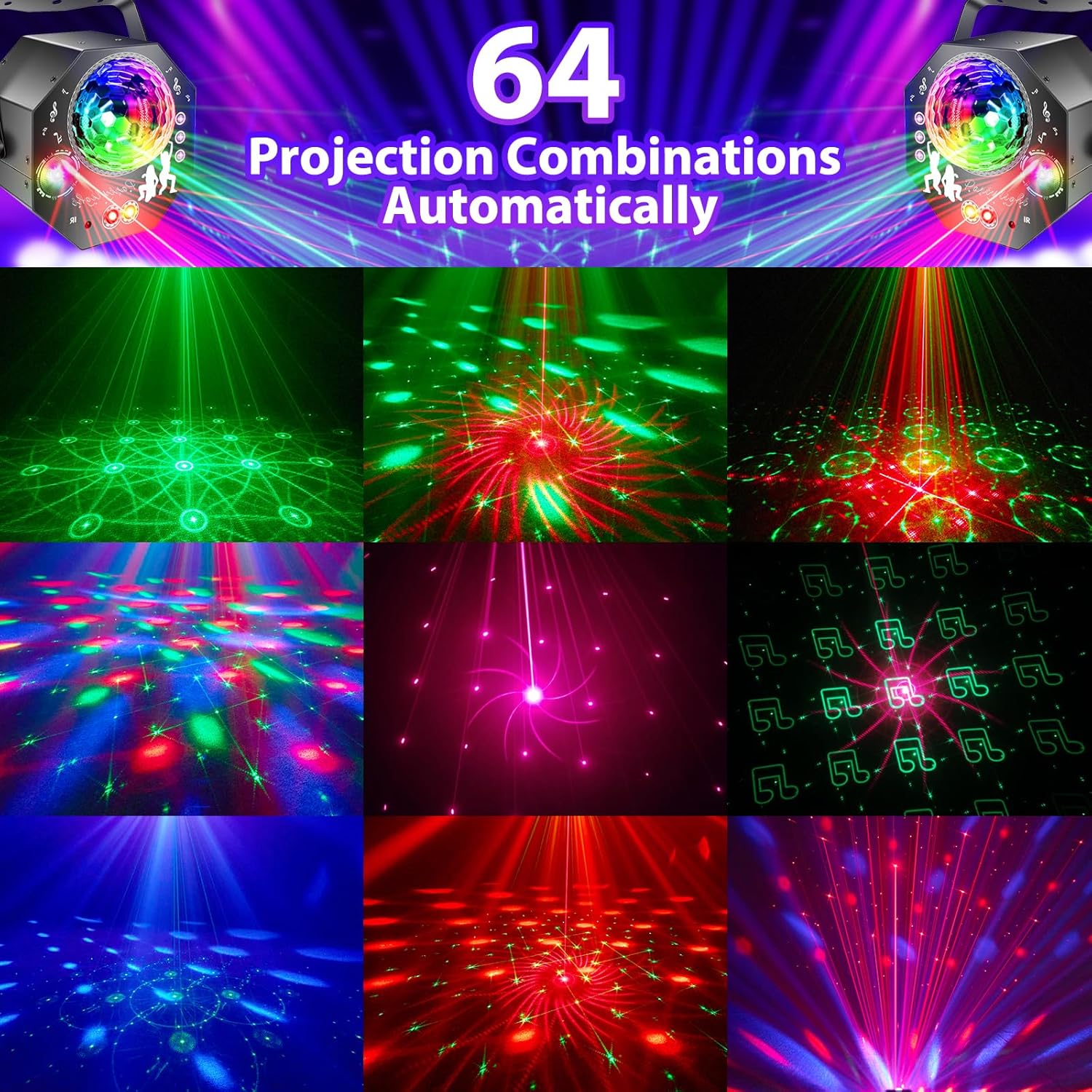 4-in-1-diskopallo – juhlavalaisin 64 kuviolla, musiikkiohjattu diskolamppu kaukosäätimellä, RGB-UV-strobovalo kotiin, baariin, klubille, ulos ja syntymäpäiväjuhliin