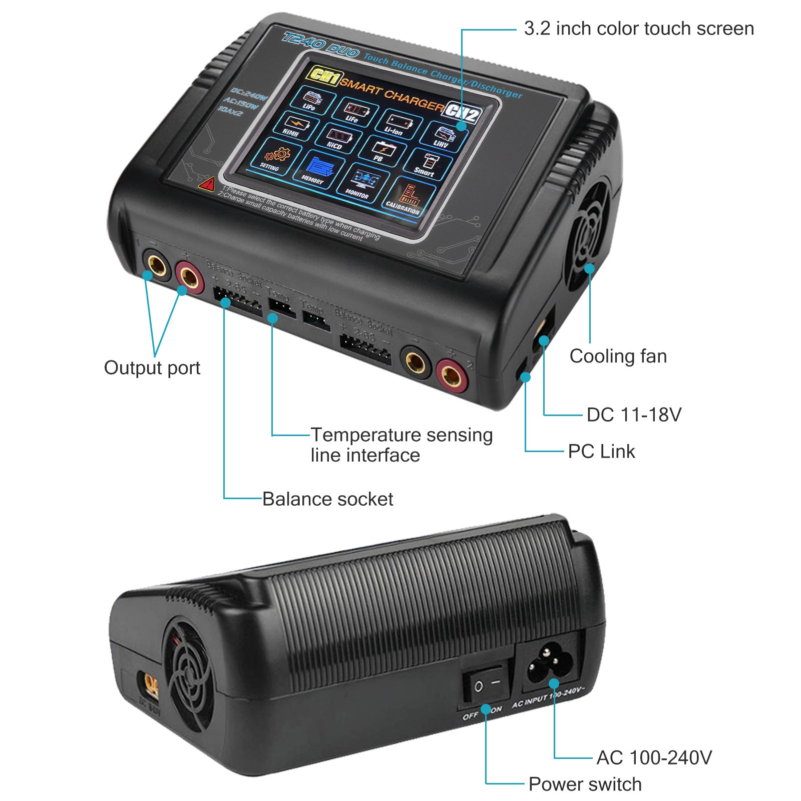 Ładowarka NOEIFEVO T240 RC dwukanałowa AC 150 W DC 240 W do akumulatorów NiMH, NiCd, LiHV, Li-ion, Lipo, PB