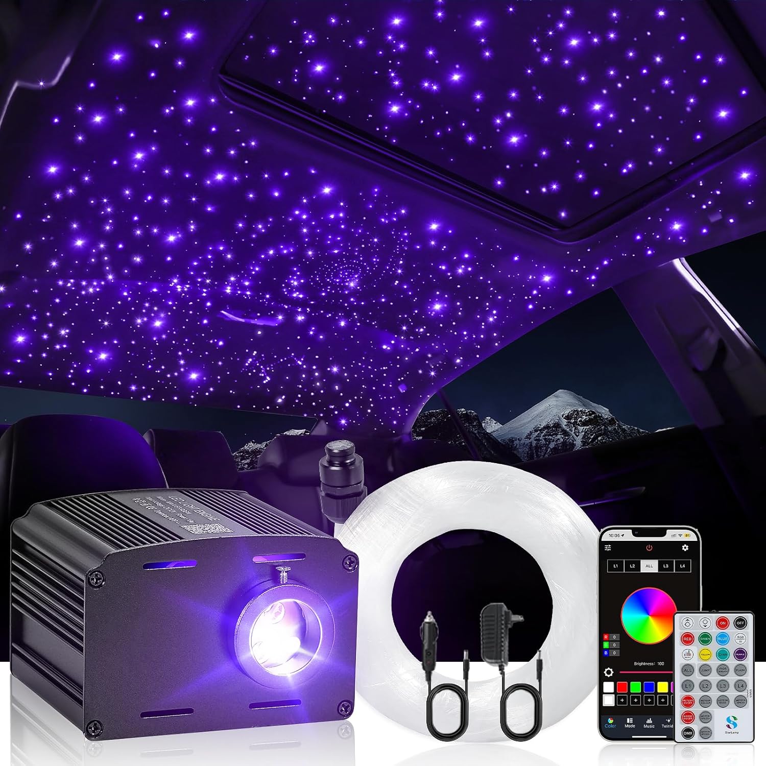 Iluminación de fibra óptica con cielo estrellado para coche/casa – Kit de cielo estrellado con control por app/control remoto y modo música, módulo de luz RGBW con cable de fibra óptica de 2m/3m [Clase de energía G]