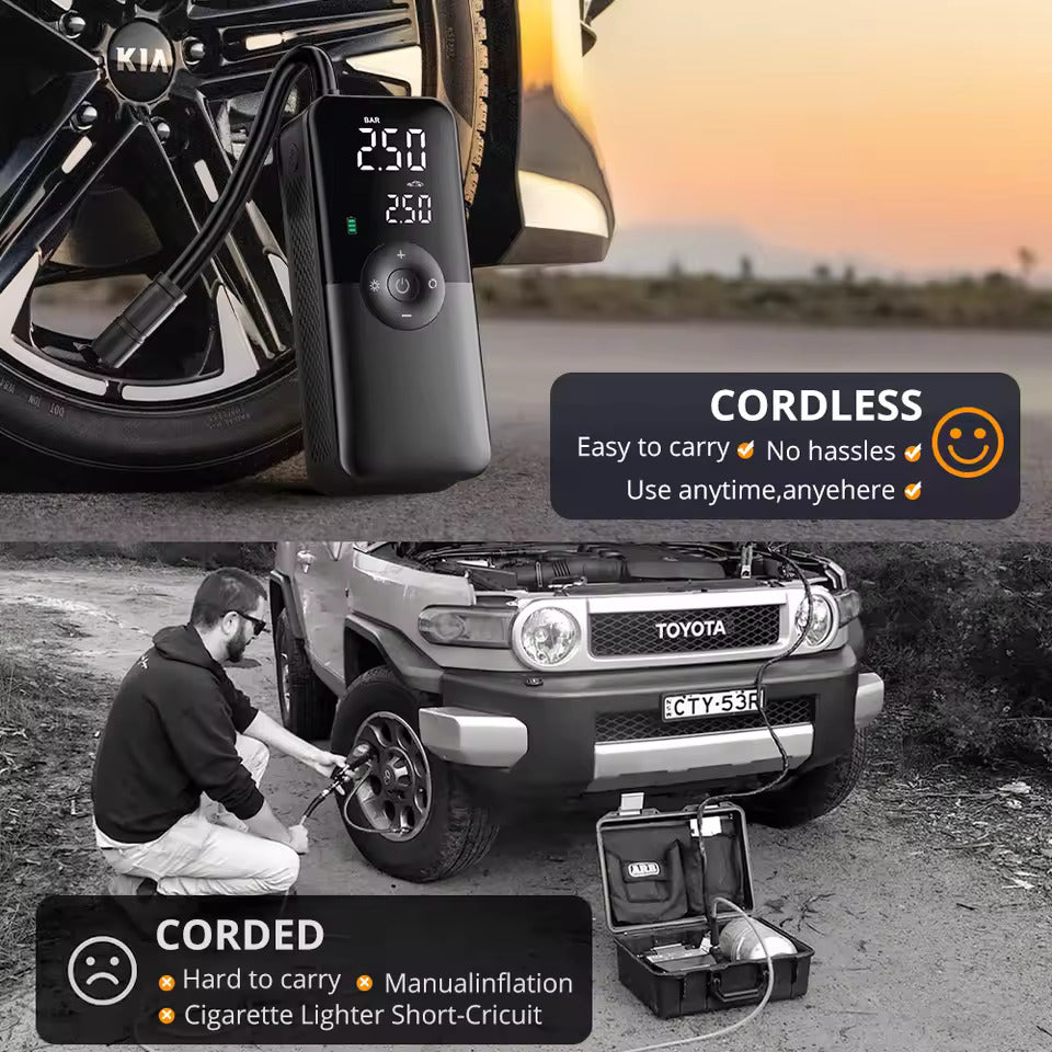 Elektrisk luftpumpe, batteridrevet pumpe med 150 PSI, forudindstillet dæktryk til bil/motorcykel/cykel/bold, oppumpning med ét tryk og automatisk stop, cykelpumpe med LED-lys og powerbank