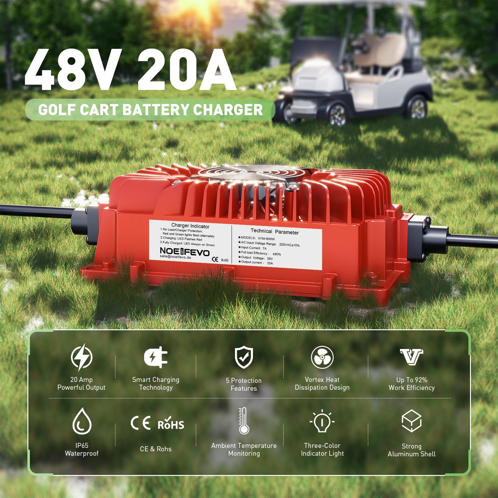 NOEIFEVO 48V 20A golfkar acculader met EZGO RXV & TXT-stekker voor loodzuuraccu's, AGM, gel