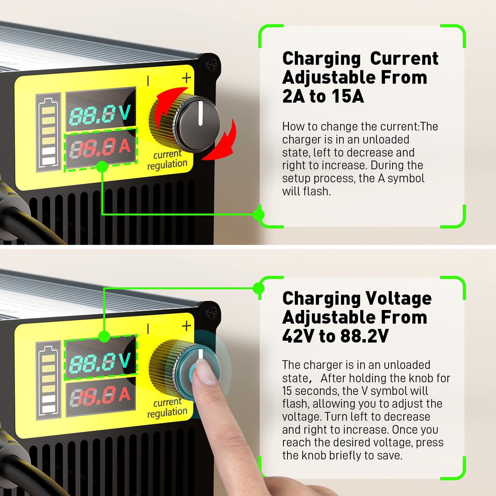 NOEIFEVO 15A זרם 42V-88.2V מתח מתכוונן Li-ion LiFePO4 מטען ליתיום עבור 36V 48V 60V 72V 84V סוללה