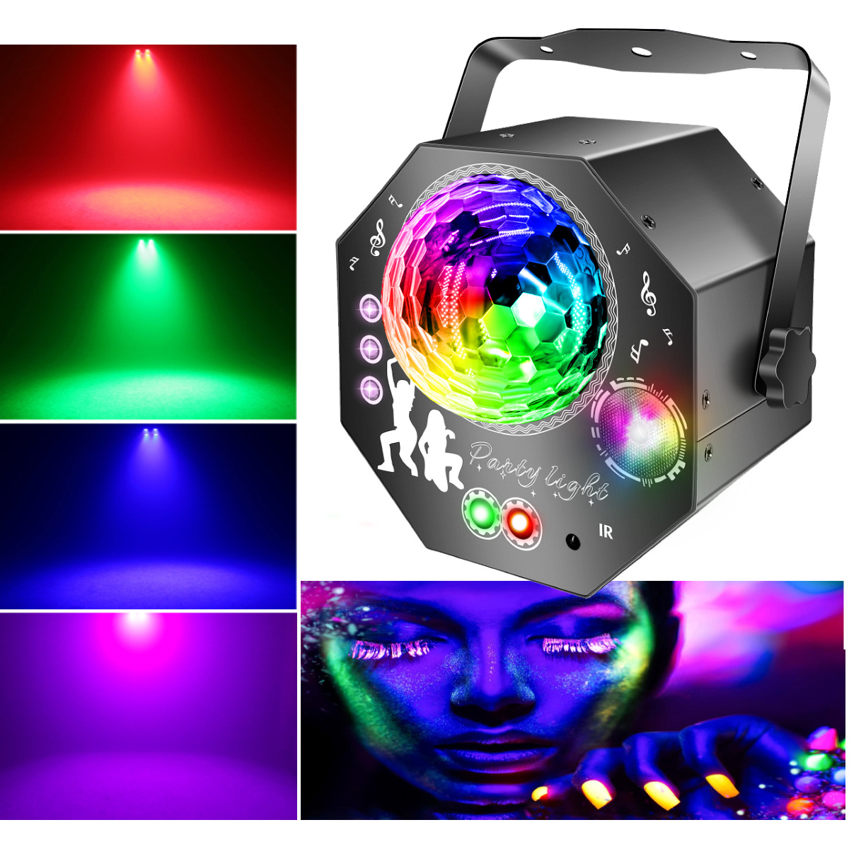 4-in-1-diskopallo – juhlavalaisin 64 kuviolla, musiikkiohjattu diskolamppu kaukosäätimellä, RGB-UV-strobovalo kotiin, baariin, klubille, ulos ja syntymäpäiväjuhliin