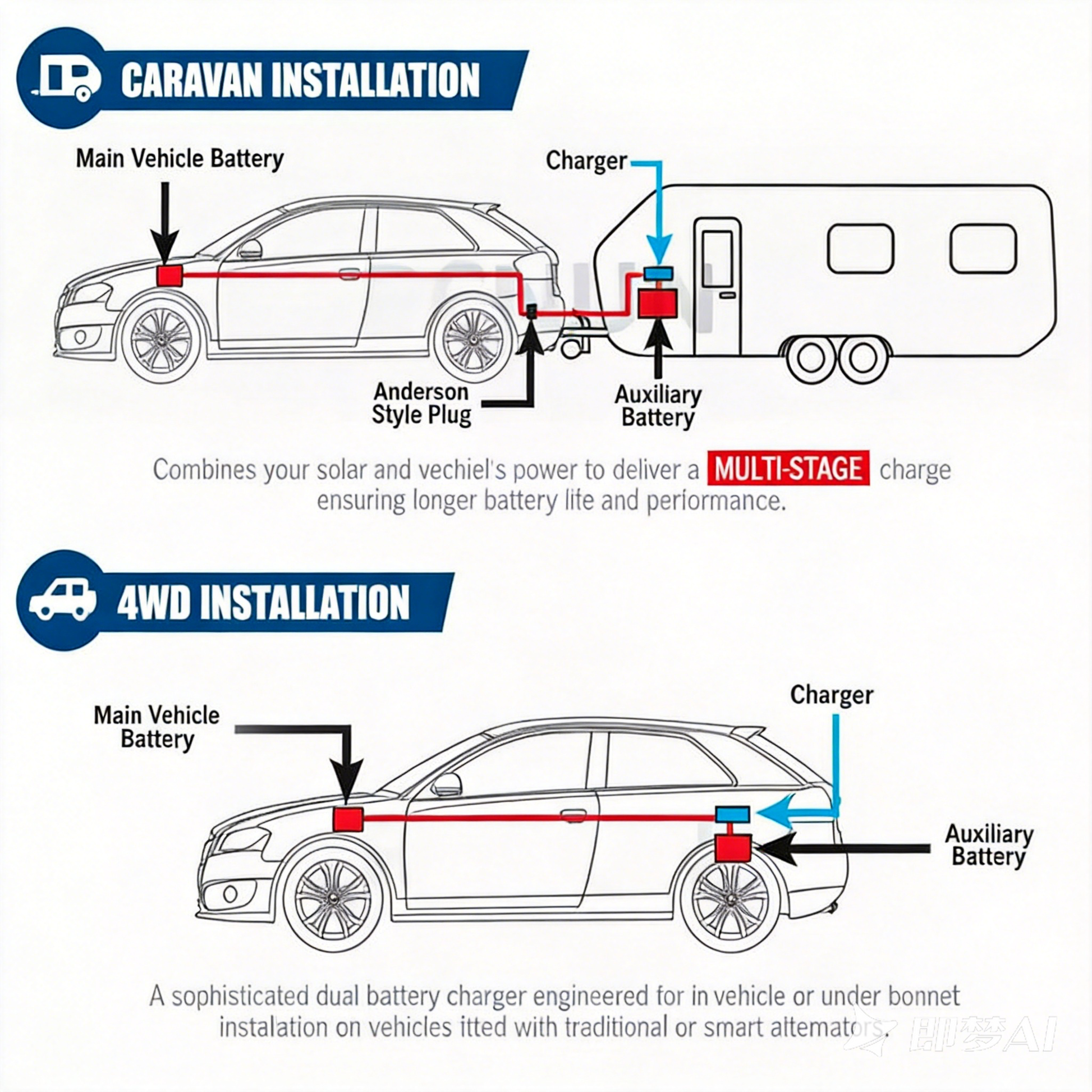 NOEIFEVO Vattentätt DC 10-36V till 14,6V/29,2V/43,8V LiFePO4-litiumbatteriladdare för husbilar, båtar, bilar och dubbelbatteri-energilagringssystem