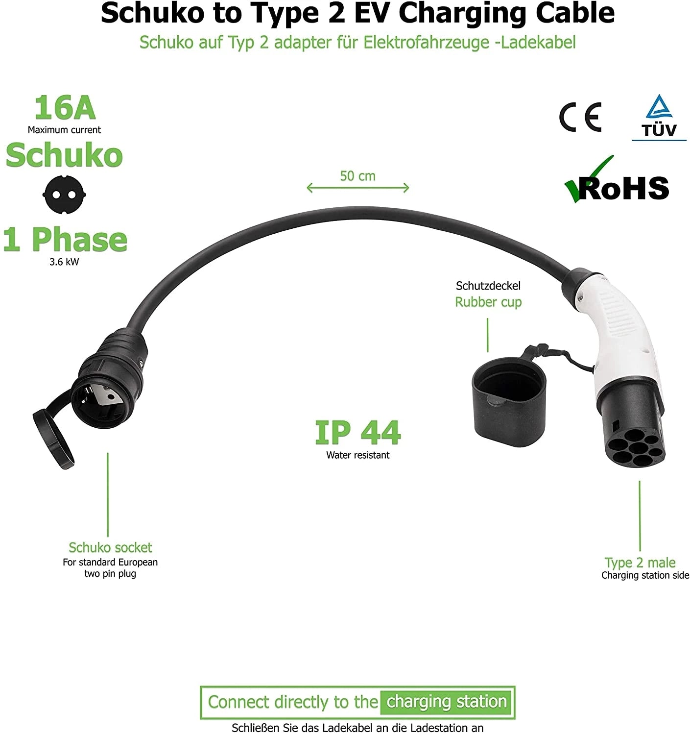 Typ2 auf Schuko Adapter, 16A 1Phase Typ 2 Ladestecker auf europäische Haushaltssteckdose